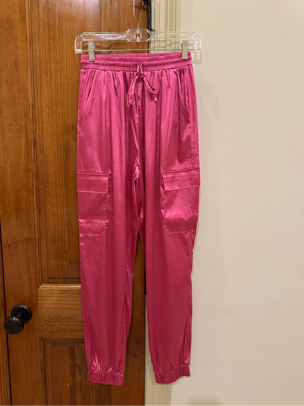 Women's Hot Pink Satin Cargo Joggers